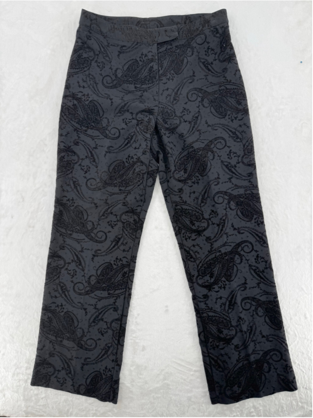 Worthington Black Pants Black Velvet Paisley Floral Texture Straight Leg Size 12